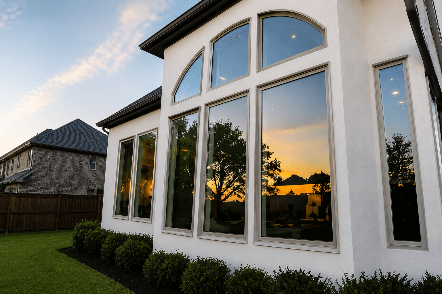 Large luxury home with floor-to-ceiling clean windows reflecting a Texas sunset